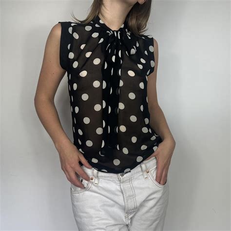 Black And White Polka Dot Sheer Top With A Tie Neck Depop