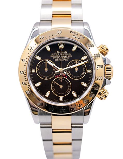 Rolex Daytona Black Dial Two Tone Yellow Gold Stainless Steel F