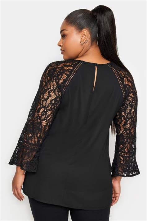 Yours London Curve Black Lace Flute Sleeve Top Yours Clothing