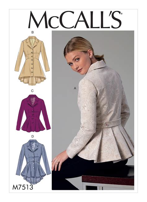 McCall S 7513 Misses Notch Collar Peplum Jackets Sewing Pattern