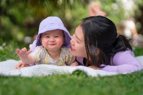 Six Month Old Asian Baby Girl Lying On Bed Naked Stock Image Image Of