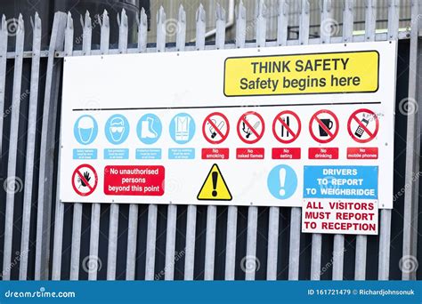 Think Safety Sign Board At Construction Building Site Entrance Stock