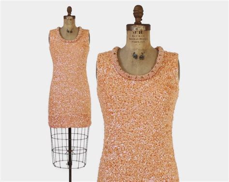 Vintage 60s SEQUIN Dress 1960s Peach Heavily Sequinned Wool Etsy