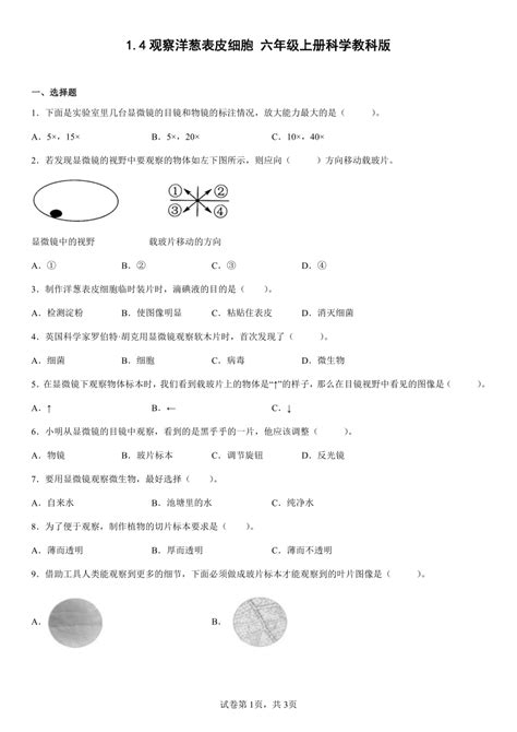 教科版（2017秋） 科学 六年级上册 14 观察洋葱表皮细胞 同步练习（含答案） 21世纪教育网