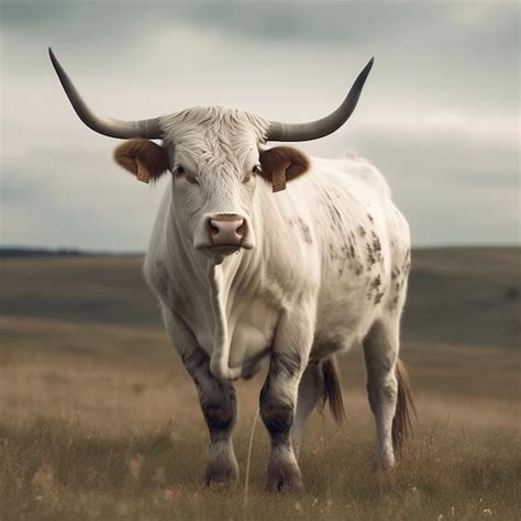 Premium Photo A White Cow With Horns Is Standing In A Field