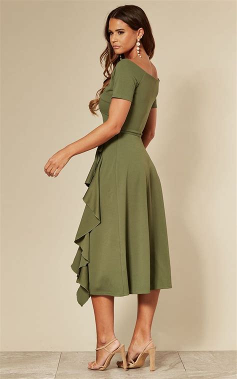 Exclusive Bardot Frill Midi Dress In Sage Green Feverfish SilkFred