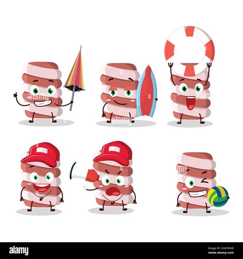 Happy Face Red Marshmallow Twist Cartoon Character Playing On A Beach