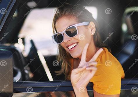 Woman Peace Sign And Sunglasses In Car With Smile For Road Trip