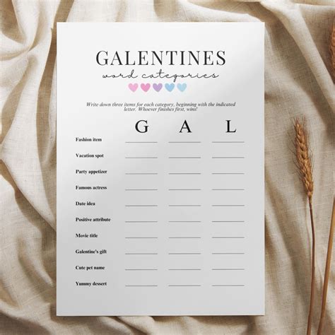 Word Categories Printable Card Adult Galentines Game Minimalist