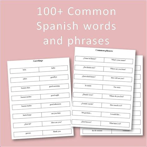 100 Common Spanish Words And Phrases Spanish Flashcards Printable