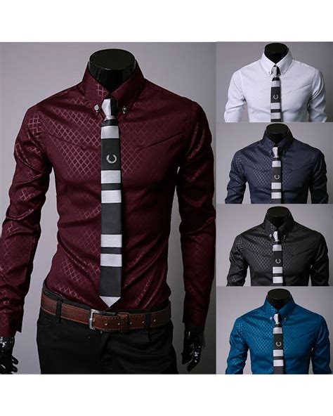 Mens Clothes Obscure Twill Slim Business Casual Shirts Long Sleeved