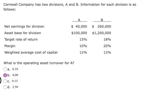 Solved Cornwall Company Has Two Divisions A And B Chegg