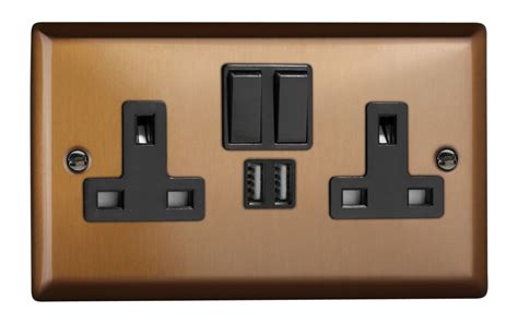 Varilight Xy5u2sb Bz Urban Brushed Bronze 2 Gang Double 13a Switched Plug Socket 2 1a Usb