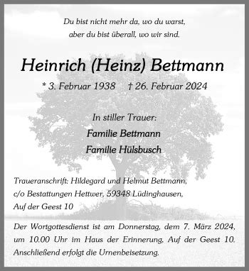 Traueranzeigen Von Heinrich Heinz Bettmann Trauer Ms