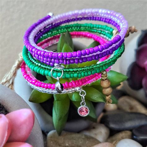 Seed Bead Memory Wire Bracelet Pink Green Or Purple Wrap Etsy