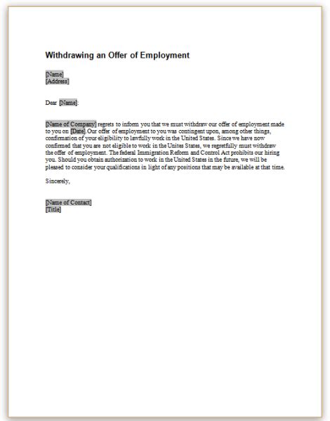 Template Employer Withdraw Job Offer Letter Sample