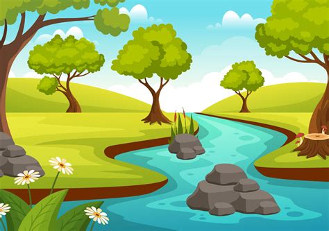 río paisaje ilustración con ver montañas verde campos arboles y