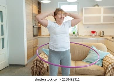 Overweight Mature Woman White Tshirt Gray Stock Photo