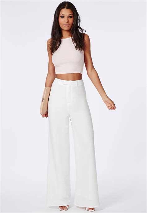 Missguided Premium Crepe Wide Leg Trousers White White Trousers Wide