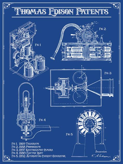 Thomas Edison Patent Collage Dark Blue Print Drawing by Greg Edwards