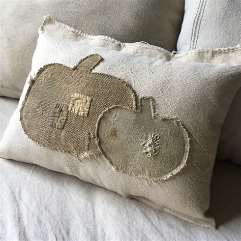 Farmhouse Fall Pillow Vintage Grain Sack Pillow Pumpkins Etsy