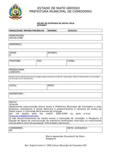 RECIBO DE RETIRADA DE EDITAL DE LICITAO PREGO Doc Template PdfFiller