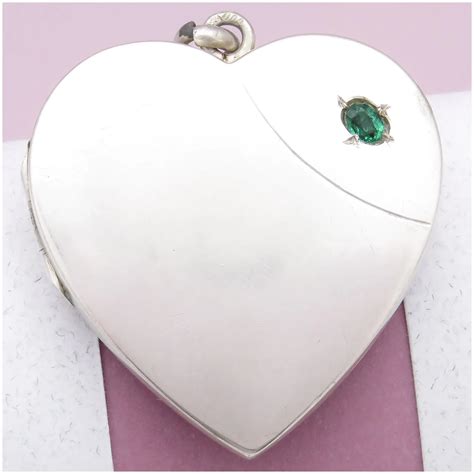 Antique Victorian LARGE Heart Gypsy Set Green Paste 800 Silver Locket