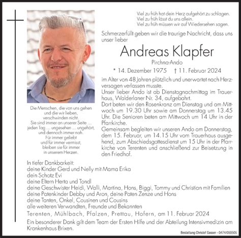 Traueranzeigen Von Andreas Klapfer Trauer Bz