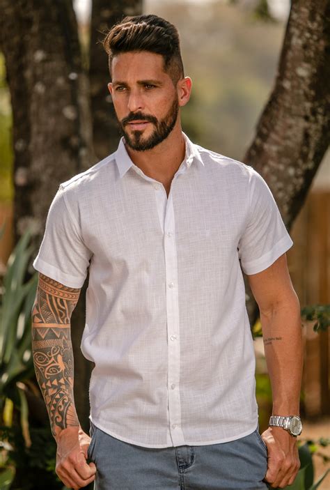 Camisa Masculina Social Slim Fit Manga Curta Linho Barcelos