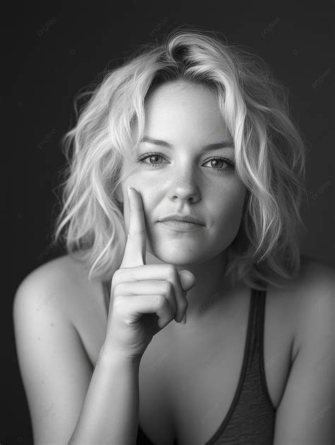 Black And White Studio Portrait Of A Blonde Woman Showing Her Index