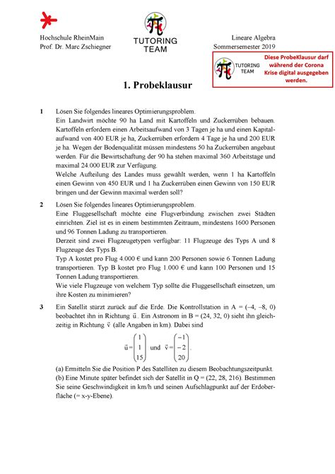 Probeklausur Summer Fragen Hochschule Rheinmain Lineare Algebra