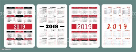 Calendar 2019 English Colorful Set Week Starts On Sunday New Year Basic