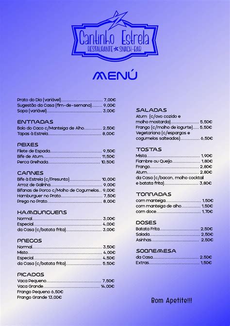 Menu Em Cantinho Estrela Restaurante Snack Bar Santana