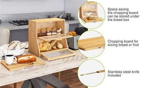 Bmosu Double Layer Large Bread Box With Cutting Board For Kitchen Bread Storage And