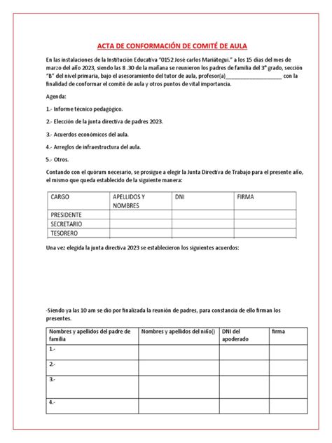 Acta De Conformación De Comité De Aula Pdf