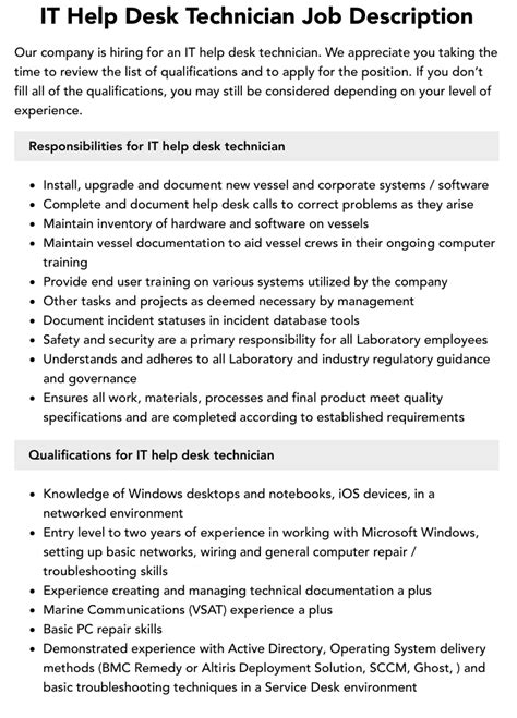 It Help Desk Technician Job Description Velvet Jobs