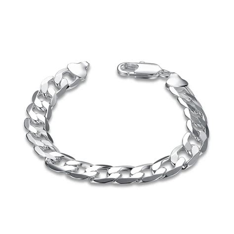 H262 925 Sterling Silver Bracelets For Women 10mm Wide Flat Link Chains Bracelet Silver 925