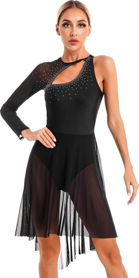 Iiniim Womens Mesh Tulle Figure Ice Skating Dress Shiny Rhinestone