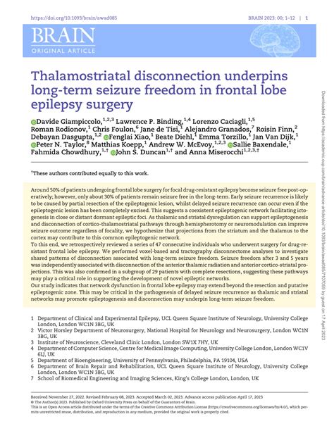 (PDF) Thalamostriatal disconnection underpins long-term seizure freedom ...