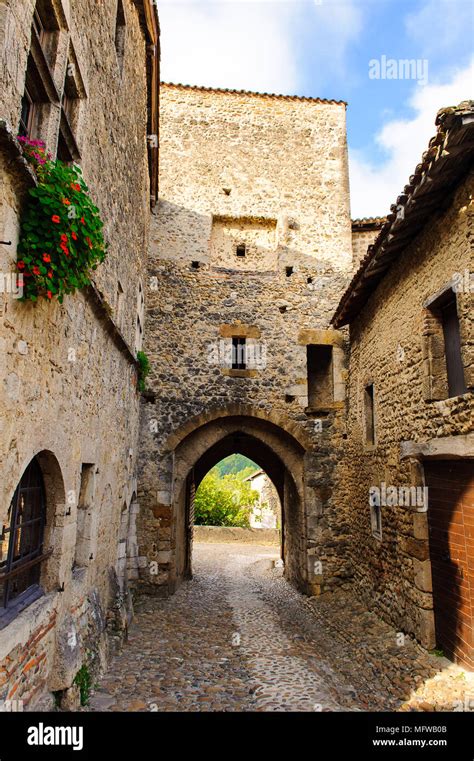 Medieval architecture of Perouges, France, a walled town, a popular ...