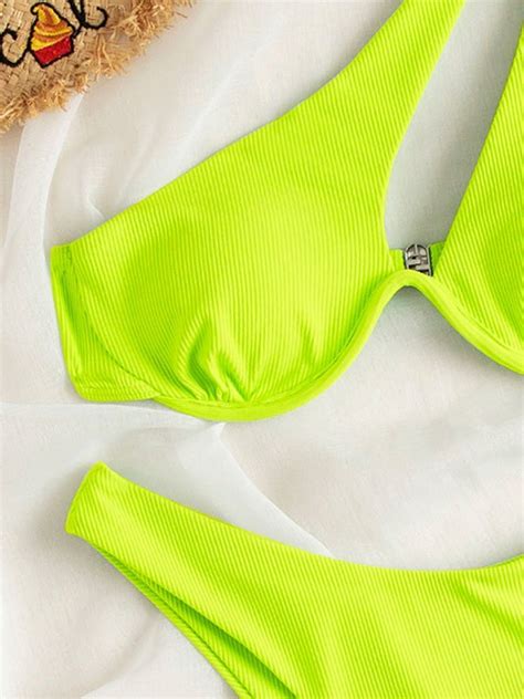 Emmiol Free Shipping 2023 Underwire One Shoulder Rib Bikini Set Green S