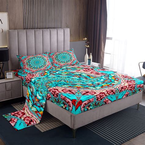 Yst Vintage Oriental Bed Set Teal Abstract Art Bed Sheets Set Bohemian