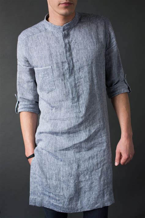 Mens Linen Tunic Long Linen Shirt For Men Natural Linen Etsy