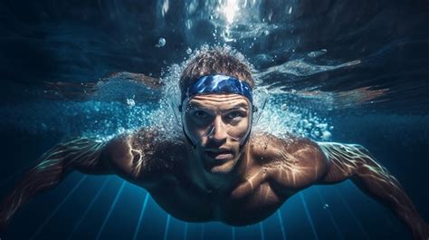 Hombre Joven Guapo Nadando Bajo El Agua En La Piscina Retrato Bajo El