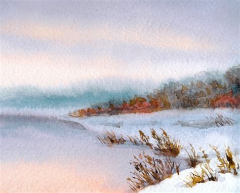 Watercolor winter landscape. Evening sky over river — Stock Photo ...