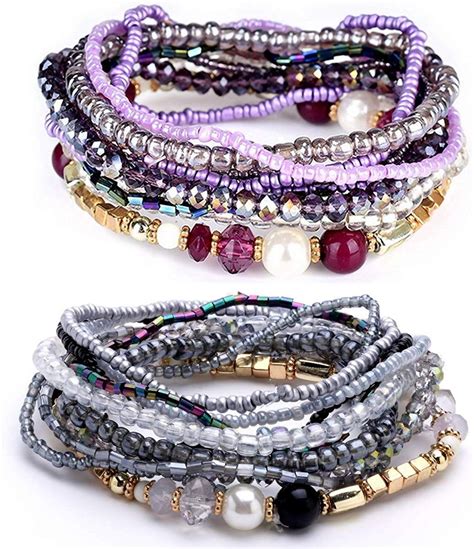 Mengpa Bohemian Stackable Bead Bracelets Stretch Multilayer Jewelry