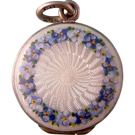 Antique Guilloche Enameled Petite Locket Blue Violets 935 Silver