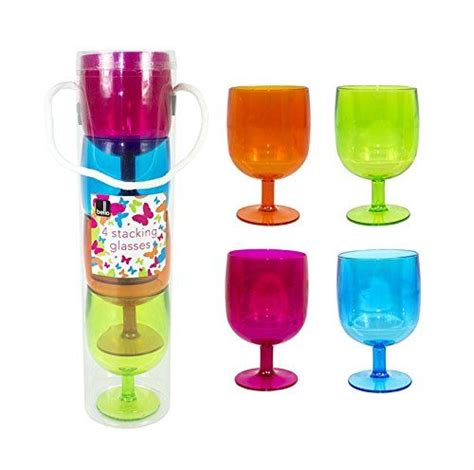 Pack Of 4 High Quality Plastic Wine Glasses 4 Colours Outdoor Bbq Camping Garden Bell O