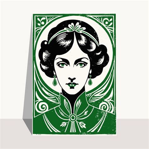 Art Nouveau Vector Poster Template Linocut Art Print Green Portrait