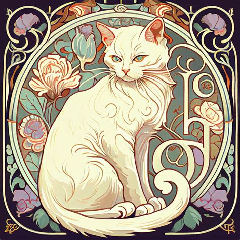 Divine White Cat With Rose And Sunbeam Art Nouveau Floral Etsy